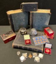 A WW I medal, pte G H Hallam, 17681, Notts and Derby's Regiment, camera, money boxes, 1books