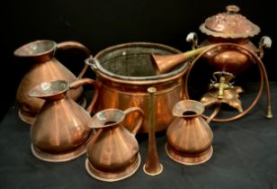 Copper - A Copper samovar, twin porcelain handles, large jam pan, a set of three graduated