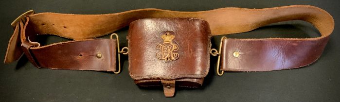 A Victorian military leather field glass case, applied with crowned VR cipher, Sam Browne type strap