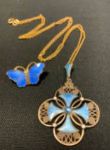 A Marius Hammer pale blue enamel and filigree Maltese Cross pendant necklace, signed, stamped 925,