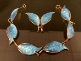 A David Andersen Norwegian pale blue enamelled silver leaf link bracelet, 17.8cm long, and
