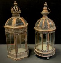 A hexagonal copper lantern, crown domed top, 62cm high, 25cm wide, another similar circular (2)