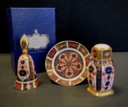 Royal Crown Derby - 1128 Imari table bell, boxed, sugar castor , trinket dish, all firsts (3)