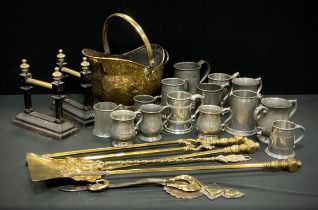 Brass & Metalware - a brass coal scuttle, a fireside companion set, pair of andirons; quantity of