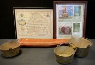 Boxes and Objects - A leg of mutton gun case, a set of three graduated brass jam pans, engravings;