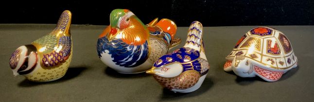 A Royal Crown Derby Paperweight, Wren, another Blue tit, both gold stoppers, others Mandarin Duck,