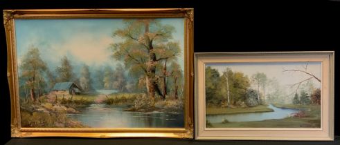 Monica Dais*, River landscape, signed, oil on board, 35cm x 60cm; J Kent, autumn landscape, signed