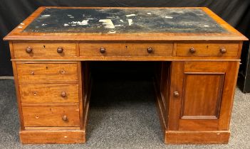 A Victorian mahogany pedestal desk, inset leather top, single long, and two short drawers to frieze,