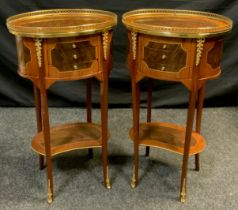 A pair of inlaid oval louis XV style side tables, gilt galleried top, three narrow drawer frieze,