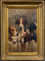 After Thomas Blinks (1860-1912), Four Hounds and a Terrier, oleograph, 76cm x 50.5cm (98cm x 71.
