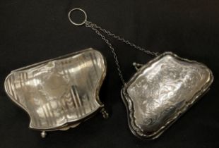 An Edwardian silver silk lined dressing table jewellery box, Birmingham 1918, evening purse 1919,