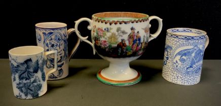 A 19th century Staffordshire loving cup, in the chinoiserie designs, named Wm Henry Copper, dated