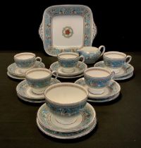 A Wedgwood turquoise Florentine pattern part dinner set, comprising five cups, six saucers, six side
