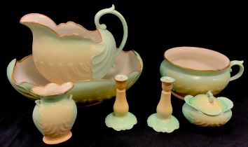 The Foley China seven piece dressing table set, 'Faience' pattern including; wash bowl and jug,