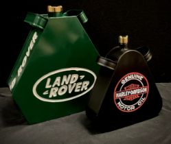 An advertising oil can, embossed Land Rover, in white, green ground, 31.5cm high, another Harley