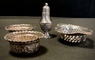 A pair of Edwardian silver shaped circular sweetmeat dishes, Birmingham 1902; another, import mark