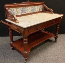 A Victorian mahogany wash-stand, three-quarter galleried back with Minton’s style blue-and-white