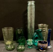 Art Glass - a Whitefrairs art glass green swag vases, green bubble inclusion ashtray, glass