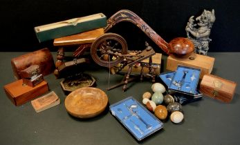 Boxes and Objects - Treen including; miniature bobbin stool,19x23cm, exotic wood globular lidded