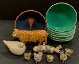 Studio Pottery - A set of six Italian studio pottery turquoise bowls, reeded edges, 20cm dia,
