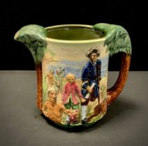 A limited edition jug with a single handle and an enclosed spouted neck. decorated with a scene from