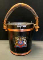 A reproduction Decorative coopered Wooden fire Bucket/coal box, metal liner, with Crest detail, rope