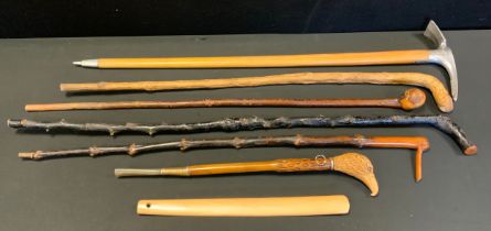 Walking sticks - Hedgerow sticks including carved bird head stick,83cm, elm stick, 88cm;others (7)