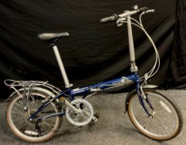 A Dahon 7 speed folding bicycle, blue frame, adjustable seat, 39cm diameter wheels.
