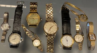 Watches - a 9ct gold cased Trebex 17 jewel wristwatch, Edinburgh 1961, rolled gold brick link