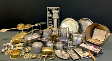 Metal ware - Plate three piece tea set, brassware including jam pan, miniature miners lamp; etc