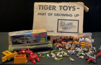 A Tiger Toys farm set, boxed, Britain's Massey Ferguson tractor, log wagon, animals etc; Masudaya (