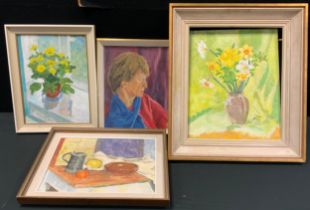 Barbara Newsom, (British, 20th century), Daffodils in a vase, signed, oil on canvas, 47cm x 40cm;