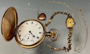 A Dennison star gold plated hunter case pocket watch, 9ct gold cased watch head, 9ct gold front
