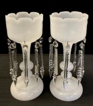 A pair of Victorian milk glass table Lustres, crown tops, cut clear glass droplets, 34cm high,