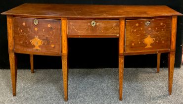 A 19th century inlaid mahogany bow-front sideboard, single drawer to centre, flanked by cellarette