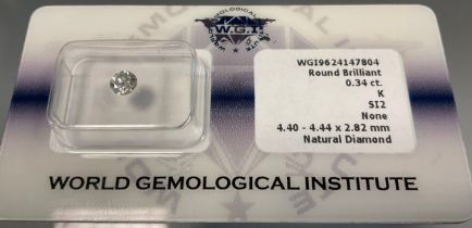 A certified and sealed round brilliant cut diamond, 0.34ct, colour K, clarity SI2, WGI diamond