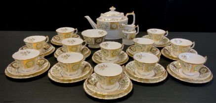 A Royal Crown Derby 'Green Derby Panel' tea service for twelve comprised of; a teapot, milk jug,