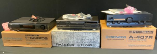 A Three piece Pioneer/Technics separates stereo system, comprising Pioneer A407R Amplifier, F-504RDS