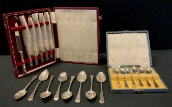 A set of five George III silver spoons, others, assorted dates and makers; cased set of six tea