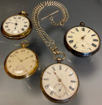 A Victorian silver open face pocket watch, London 1976, suspended from a silver double Albert Chain;