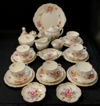 A Royal Crown Derby Posies pattern tea set, for six inc small tea pot, cream and Milk jugs, sugar