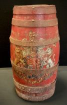 A coopered powder keg or spirit barrel, decorated with a Royal Arms, red ground, 53.5cm high, 20th