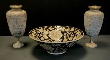 An India Jane of London floral fruit bowl, 41cm diameter; pair of Indian brass vases decorated