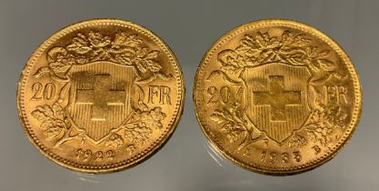 A Swiss Helvetia 20 Franc gold coin, 1922, Bern, another dated 1935, with L mark (part of the
