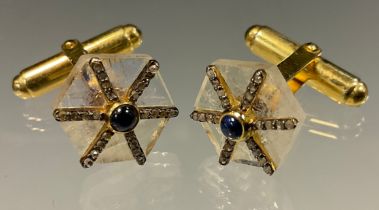 A pair of moonstone sapphire and diamond hexagonal cufflink's, each with moonstone hexagonal