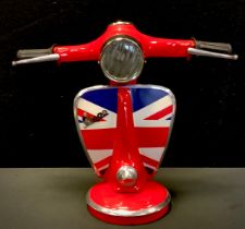 A novelty Vespa Scooter Table lamp, in red with Union Jack Flag cowl, 33cm high.