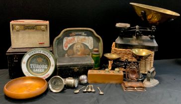 Boxes and objects- a tin tray advertising Jack Daniels, Victorian work box, mid century radio, treen