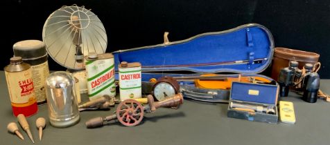 Boxes and Objects - Students violin, a pair of Ross London binoculars, Bakelite Temco electric