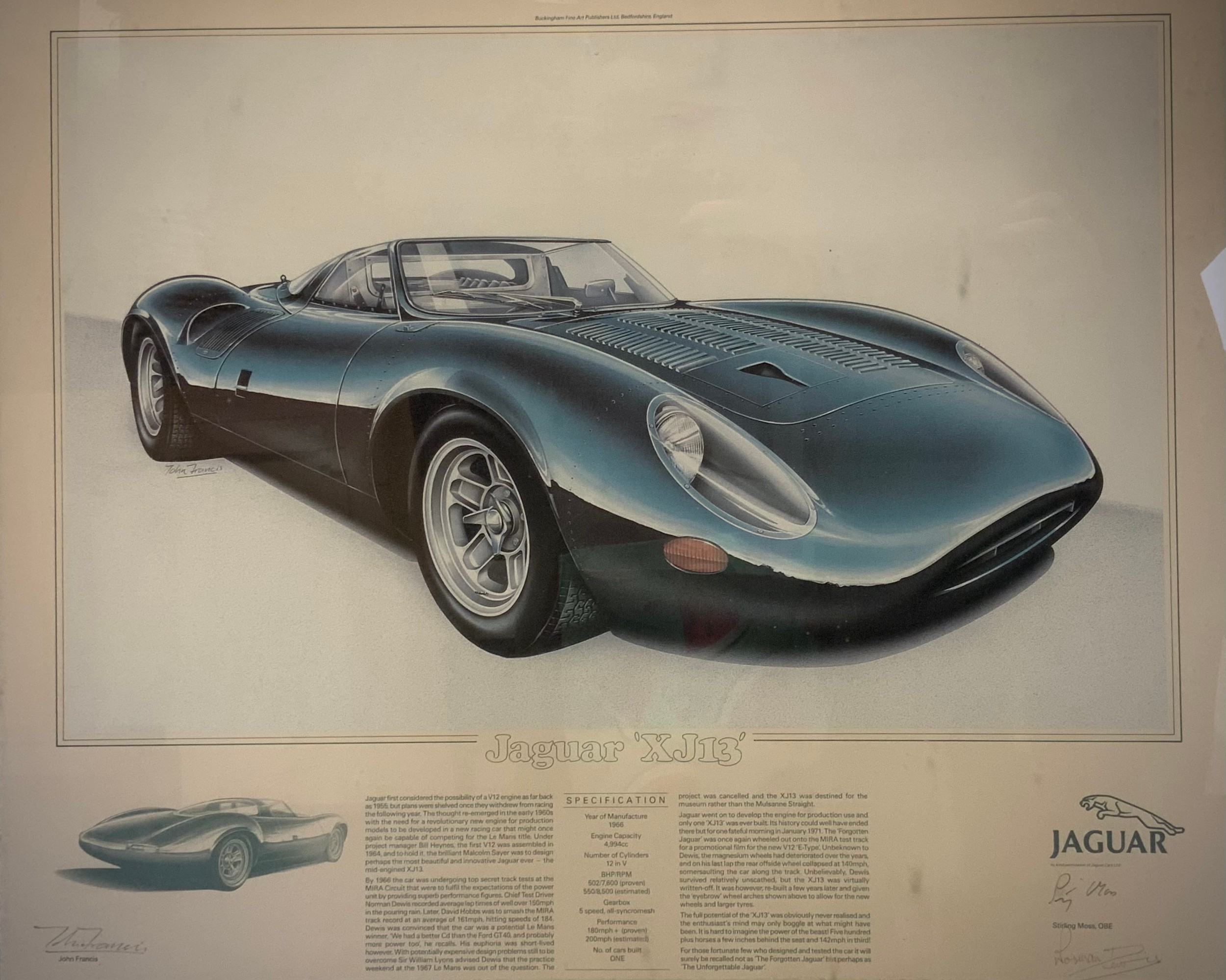 John Francis, By and after, Jaguar XJ13, signed in pencil by Stirling Moss, and Norman Dewis, - Image 3 of 3