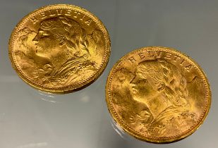 A pair of Swiss Helvetia 20 franc gold coins, both dated 1947, Bern mint, 12.9g gross (2)